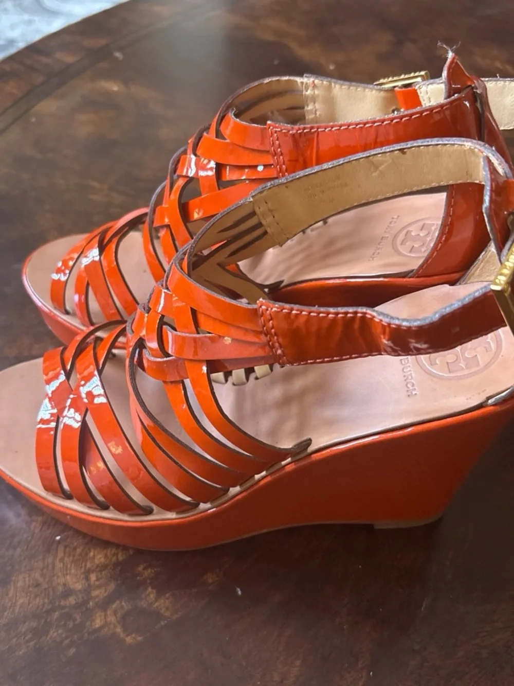 Tory Burch Orange Patent Leather Strappy Heels